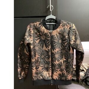 F&F Bomber Jacket Floral Print Black Bronze Zipper Pockets Women's Size 4